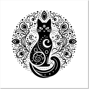 The Mystery Feline Mandala. Black Posters and Art